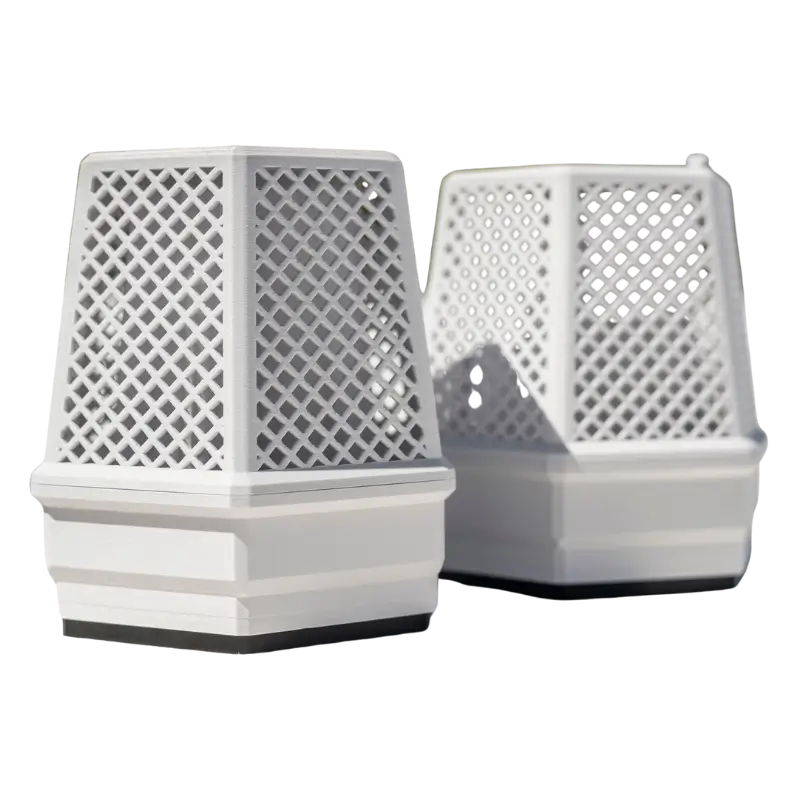 Two white hexagonal BuzzBox units with a lattice design placed in a transparent background.
